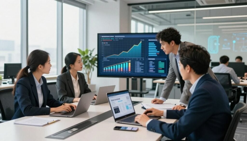 A modern office environment filled with professionals engaged in managing social media accounts. In the foreground, a diverse group of three individuals in professional business attire collaborates around a sleek conference table cluttered with digital devices and social media analytics on a laptop screen. The middle ground features a large digital display showing growth graphs and marketing strategies, creating a dynamic focus. In the background, a bright, airy office with high windows illuminates the scene with natural light, while futuristic digital art on the walls enhances the tech-savvy atmosphere. The overall mood is energetic and focused, symbolizing scalable growth in managed account services. The angle is slightly elevated, capturing both the collaborative spirit and the modern workspace aesthetic. A modern office environment filled with professionals engaged in managing social media accounts. In the foreground, a diverse group of three individuals in professional business attire collaborates around a sleek conference table cluttered with digital devices and social media analytics on a laptop screen. The middle ground features a large digital display showing growth graphs and marketing strategies, creating a dynamic focus. In the background, a bright, airy office with high windows illuminates the scene with natural light, while futuristic digital art on the walls enhances the tech-savvy atmosphere. The overall mood is energetic and focused, symbolizing scalable growth in managed account services. The angle is slightly elevated, capturing both the collaborative spirit and the modern workspace aesthetic.