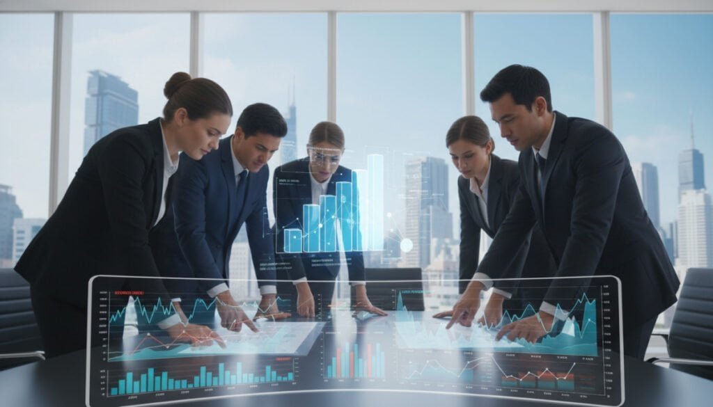 A modern office environment filled with sleek technology. In the foreground, a high-tech dashboard displays real-time cost anomaly detection metrics, featuring colorful graphs and fluctuating data points. A diverse group of professionals in business attire collaborates around a large touchscreen, analyzing the data with focused expressions. In the middle, a vibrant digital projection of predictive budgeting models illuminates the space, emphasizing clarity and innovation. The background includes large windows showing a city skyline with a bright, clear sky, symbolizing growth and opportunity. The lighting is soft yet bright, enhancing the technological atmosphere. The overall mood is one of determination, teamwork, and forward-thinking, showcasing the power of data-driven decision-making. A modern office environment filled with sleek technology. In the foreground, a high-tech dashboard displays real-time cost anomaly detection metrics, featuring colorful graphs and fluctuating data points. A diverse group of professionals in business attire collaborates around a large touchscreen, analyzing the data with focused expressions. In the middle, a vibrant digital projection of predictive budgeting models illuminates the space, emphasizing clarity and innovation. The background includes large windows showing a city skyline with a bright, clear sky, symbolizing growth and opportunity. The lighting is soft yet bright, enhancing the technological atmosphere. The overall mood is one of determination, teamwork, and forward-thinking, showcasing the power of data-driven decision-making.