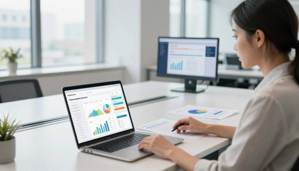 A modern office environment focused on SaaS billing. In the foreground, a sleek desk with a laptop displaying a subscription management dashboard, surrounded by colorful graphs and data analytics. A stylish business professional in smart casual attire is analyzing the screens, showcasing concentration. In the middle, a minimalist conference table with documents and charts laid out, conveying the theme of collaboration in subscription services. The background features large windows with natural light streaming in, illuminating the space, creating a bright and productive atmosphere. Soft-focus cityscape visible through the windows. The overall mood is focused and dynamic, evoking the challenges and innovations in modern subscription management.