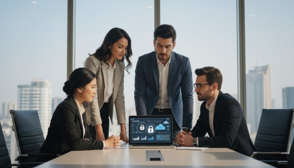 A modern office environment focused on data security in a SaaS CRM context. In the foreground, a diverse group of three professionals—one female and two male—dressed in smart business attire, are gathered around a sleek conference table, reviewing a digital dashboard displayed on a laptop. In the middle, the display shows graphs, locks, and cloud symbols, indicating robust data security measures. The background features a glass wall revealing a city skyline, with soft, natural light filtering through, casting shadows that create an inviting atmosphere. The overall mood is one of collaboration and vigilance, emphasizing the importance of data protection and access controls in the digital age. The image is well-lit, with a focus on the professionals' expressions of determination and teamwork, captured from a slightly elevated angle for depth.