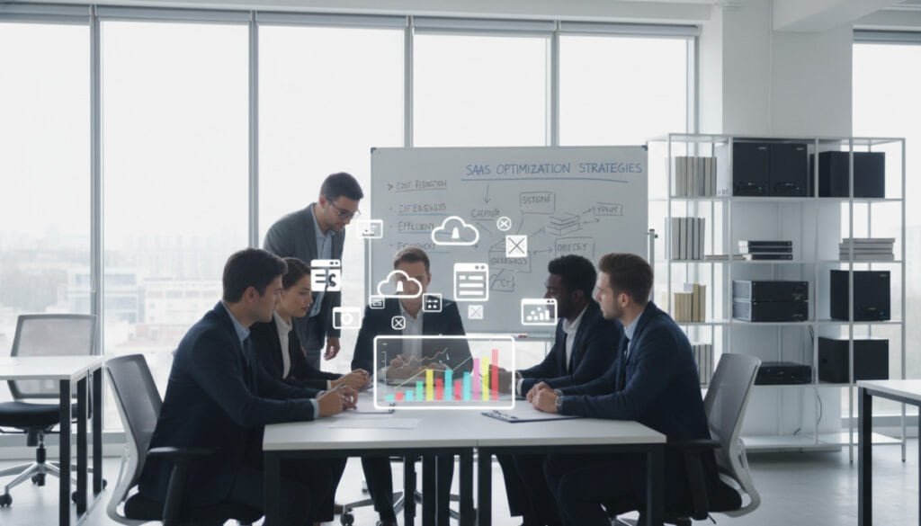 A modern office environment illuminated by soft, natural light from large windows, showcasing a sleek, minimalist workspace. In the foreground, a group of diverse professionals in business attire is engaged in a strategic meeting, analyzing charts and graphs on a digital tablet. They are discussing redundant SaaS applications, with visual representations of various application icons floating above a workspace. In the middle ground, a whiteboard with diagrams illustrates SaaS optimization strategies, emphasizing the focus on efficiency and ROI. The background features shelving with neatly organized digital tools and data resources, promoting an atmosphere of productivity and innovation. The scene feels focused and dynamic, reflecting the urgency of optimizing SaaS spending. The composition is captured from a slightly angled perspective, enhancing depth and engagement.