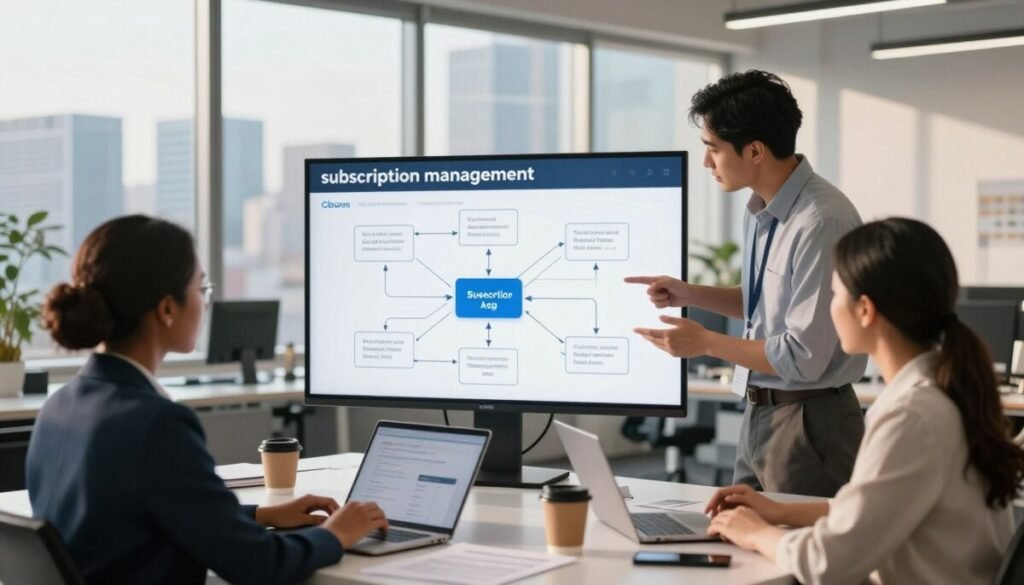 A modern office environment illustrating "subscription management" during a platform migration. In the foreground, a diverse group of three professionals, one Black woman, one Hispanic man, and one Asian woman, are dressed in business attire, collaborating over a large digital screen displaying a complex migration diagram full of arrows and connections. The middle ground features a sleek desk with laptops, documents, and coffee cups scattered around, emphasizing a productive atmosphere. In the background, a large window offers a view of a bustling city skyline under soft afternoon sunlight, casting gentle shadows across the room. The overall mood is focused and innovative, conveying a sense of teamwork and strategic planning in the transition process. A modern office environment illustrating "subscription management" during a platform migration. In the foreground, a diverse group of three professionals, one Black woman, one Hispanic man, and one Asian woman, are dressed in business attire, collaborating over a large digital screen displaying a complex migration diagram full of arrows and connections. The middle ground features a sleek desk with laptops, documents, and coffee cups scattered around, emphasizing a productive atmosphere. In the background, a large window offers a view of a bustling city skyline under soft afternoon sunlight, casting gentle shadows across the room. The overall mood is focused and innovative, conveying a sense of teamwork and strategic planning in the transition process.
