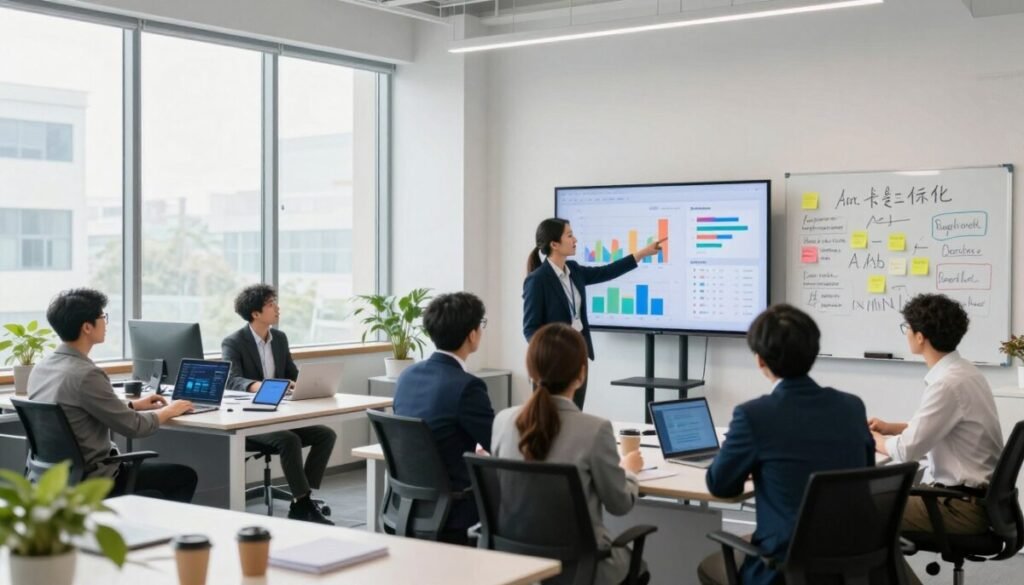 A modern office environment serves as the backdrop, filled with sleek desks and large windows that let in natural light, creating a bright and inviting atmosphere. In the foreground, a diverse group of professionals in business attire are engaged in a collaborative discussion, pointing to a large digital screen displaying colorful A/B testing graphs and optimization data. The middle ground features a large whiteboard filled with brainstorming notes and sticky notes outlining key strategies for scaling optimization efforts. The background showcases high-tech elements like tablets and laptops, highlighting the technological aspect of ecommerce. The overall mood is one of innovation, teamwork, and strategic planning, conveying a sense of purposeful focus and long-term growth. Bright, clear lighting enhances the clarity of the scene, with a wide-angle perspective to capture the entire workspace. A modern office environment serves as the backdrop, filled with sleek desks and large windows that let in natural light, creating a bright and inviting atmosphere. In the foreground, a diverse group of professionals in business attire are engaged in a collaborative discussion, pointing to a large digital screen displaying colorful A/B testing graphs and optimization data. The middle ground features a large whiteboard filled with brainstorming notes and sticky notes outlining key strategies for scaling optimization efforts. The background showcases high-tech elements like tablets and laptops, highlighting the technological aspect of ecommerce. The overall mood is one of innovation, teamwork, and strategic planning, conveying a sense of purposeful focus and long-term growth. Bright, clear lighting enhances the clarity of the scene, with a wide-angle perspective to capture the entire workspace.
