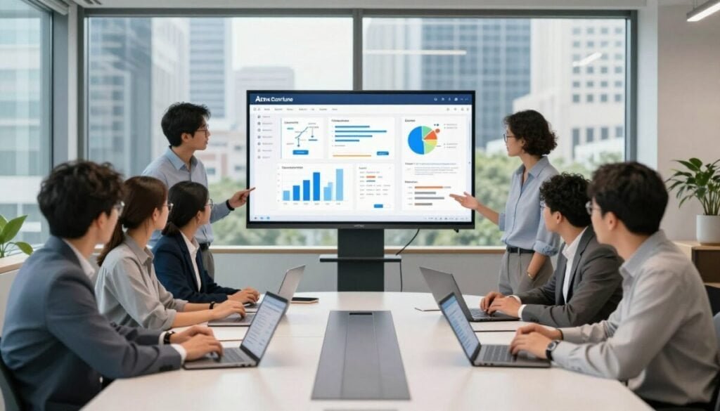 A modern office environment showcasing Atlassian Confluence for knowledge management. In the foreground, a diverse group of professionals in business attire are collaborating around a sleek, oval conference table, with laptops and tablets displaying Confluence interfaces. The middle section features a large digital display with graphs and flowcharts, symbolizing information sharing and teamwork. The background features glass windows with a vibrant cityscape, allowing natural light to illuminate the scene. The atmosphere is energetic and focused, reflecting efficiency in document collaboration. The lighting is bright and natural, enhancing the sense of innovation and productivity. The image captures a harmonious blend of technology and teamwork, emblematic of modern remote work dynamics.