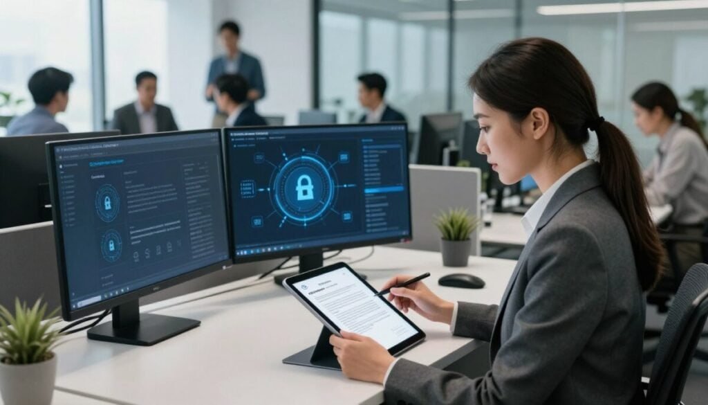 A modern office environment showcasing OneSpan Sign security in action. In the foreground, a professional woman in business attire confidently uses a tablet, scanning digital contract documents with a sense of focus. The middle ground features a sleek, high-tech workstation with security elements like encrypted connection symbols and digital signatures displayed subtly on screens. The background reveals a glass-walled conference room bustling with professionals engaged in discussions about enterprise-level security solutions. Soft natural light filters through large windows, creating a balanced and inviting atmosphere, while the overall color palette features blues and grays to evoke trust and professionalism. The camera angle is slightly above eye level, emphasizing the dynamic work environment while maintaining the focus on the subjects. A modern office environment showcasing OneSpan Sign security in action. In the foreground, a professional woman in business attire confidently uses a tablet, scanning digital contract documents with a sense of focus. The middle ground features a sleek, high-tech workstation with security elements like encrypted connection symbols and digital signatures displayed subtly on screens. The background reveals a glass-walled conference room bustling with professionals engaged in discussions about enterprise-level security solutions. Soft natural light filters through large windows, creating a balanced and inviting atmosphere, while the overall color palette features blues and grays to evoke trust and professionalism. The camera angle is slightly above eye level, emphasizing the dynamic work environment while maintaining the focus on the subjects.