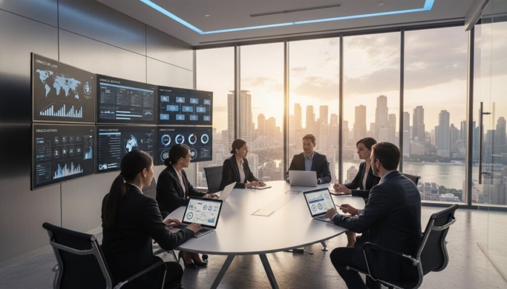 A modern office environment showcasing Oracle ERP Cloud Solutions for complex business needs. In the foreground, a professional business team, dressed in smart attire, collaborates around a sleek conference table filled with digital devices displaying sophisticated graphs and charts. In the middle ground, large monitors highlight user-friendly dashboards, depicting real-time analytics and project management tools. The background features a panoramic window, revealing a vibrant cityscape, symbolizing growth and innovation. Soft, natural lighting casts a warm glow, enhancing the atmosphere of teamwork and advanced technology. A low-angle perspective emphasizes the grandeur of the office space, creating a dynamic and inspiring mood to reflect enterprise-grade solutions. A modern office environment showcasing Oracle ERP Cloud Solutions for complex business needs. In the foreground, a professional business team, dressed in smart attire, collaborates around a sleek conference table filled with digital devices displaying sophisticated graphs and charts. In the middle ground, large monitors highlight user-friendly dashboards, depicting real-time analytics and project management tools. The background features a panoramic window, revealing a vibrant cityscape, symbolizing growth and innovation. Soft, natural lighting casts a warm glow, enhancing the atmosphere of teamwork and advanced technology. A low-angle perspective emphasizes the grandeur of the office space, creating a dynamic and inspiring mood to reflect enterprise-grade solutions.