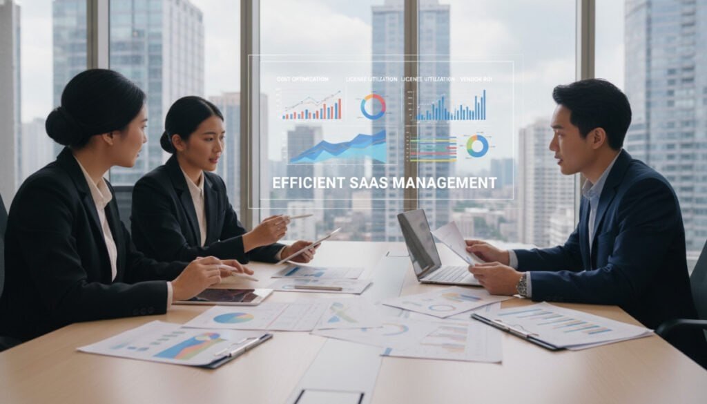 A modern office environment showcasing SaaS management strategies. In the foreground, a diverse group of three professionals—two women and one man—are collaborating around a sleek conference table covered with digital devices, charts, and documentation. They are dressed in professional business attire, exuding focus and teamwork. In the middle, a large digital screen displays colorful graphs and SaaS metrics, illustrating cost optimization strategies. The background features large windows letting in natural light, with a city skyline visible. Use soft, diffused lighting to create a professional yet approachable atmosphere, and a slight angle to emphasize a dynamic teamwork moment. The overall mood should be collaborative and innovative, embodying the essence of effective SaaS management. A modern office environment showcasing SaaS management strategies. In the foreground, a diverse group of three professionals—two women and one man—are collaborating around a sleek conference table covered with digital devices, charts, and documentation. They are dressed in professional business attire, exuding focus and teamwork. In the middle, a large digital screen displays colorful graphs and SaaS metrics, illustrating cost optimization strategies. The background features large windows letting in natural light, with a city skyline visible. Use soft, diffused lighting to create a professional yet approachable atmosphere, and a slight angle to emphasize a dynamic teamwork moment. The overall mood should be collaborative and innovative, embodying the essence of effective SaaS management.
