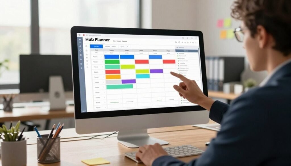 A modern office environment showcasing a digital visual scheduling tool like Hub Planner on a sleek computer screen. In the foreground, an employee, dressed in smart business attire, is intently reviewing color-coded schedules and availability charts. The middle layer features a bright, clutter-free workspace with a large window allowing natural light to illuminate the scene. In the background, subtle hints of project management elements, such as sticky notes and organized files, create a sense of productivity. Warm light filters through, casting a welcoming atmosphere. The focus is on the screen displaying a dynamic scheduling interface, with vibrant colors indicating team availability and project timelines, capturing the essence of effective capacity planning. A modern office environment showcasing a digital visual scheduling tool like Hub Planner on a sleek computer screen. In the foreground, an employee, dressed in smart business attire, is intently reviewing color-coded schedules and availability charts. The middle layer features a bright, clutter-free workspace with a large window allowing natural light to illuminate the scene. In the background, subtle hints of project management elements, such as sticky notes and organized files, create a sense of productivity. Warm light filters through, casting a welcoming atmosphere. The focus is on the screen displaying a dynamic scheduling interface, with vibrant colors indicating team availability and project timelines, capturing the essence of effective capacity planning.