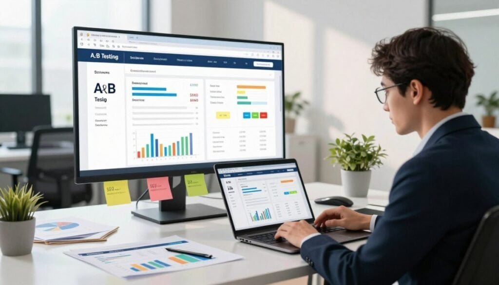 A modern office environment showcasing a digital workspace dedicated to A/B testing for SEO optimization. In the foreground, a professional individual, dressed in smart business attire, analyzes A/B testing data on a sleek laptop, focused and engaged. Surrounding them on the desk are colorful graphs, charts, and sticky notes depicting various website experiment strategies. In the middle ground, a large screen displays dynamic A/B test results, illustrating comparisons between two website layouts with clear SEO metrics. The background features a clean, minimalist office ambiance with soft, natural lighting filtering through large windows, casting gentle shadows, creating a productive and innovative atmosphere. The scene conveys a sense of strategic thinking and digital sophistication, emphasizing the balance between testing and maintaining SEO integrity. A modern office environment showcasing a digital workspace dedicated to A/B testing for SEO optimization. In the foreground, a professional individual, dressed in smart business attire, analyzes A/B testing data on a sleek laptop, focused and engaged. Surrounding them on the desk are colorful graphs, charts, and sticky notes depicting various website experiment strategies. In the middle ground, a large screen displays dynamic A/B test results, illustrating comparisons between two website layouts with clear SEO metrics. The background features a clean, minimalist office ambiance with soft, natural lighting filtering through large windows, casting gentle shadows, creating a productive and innovative atmosphere. The scene conveys a sense of strategic thinking and digital sophistication, emphasizing the balance between testing and maintaining SEO integrity.