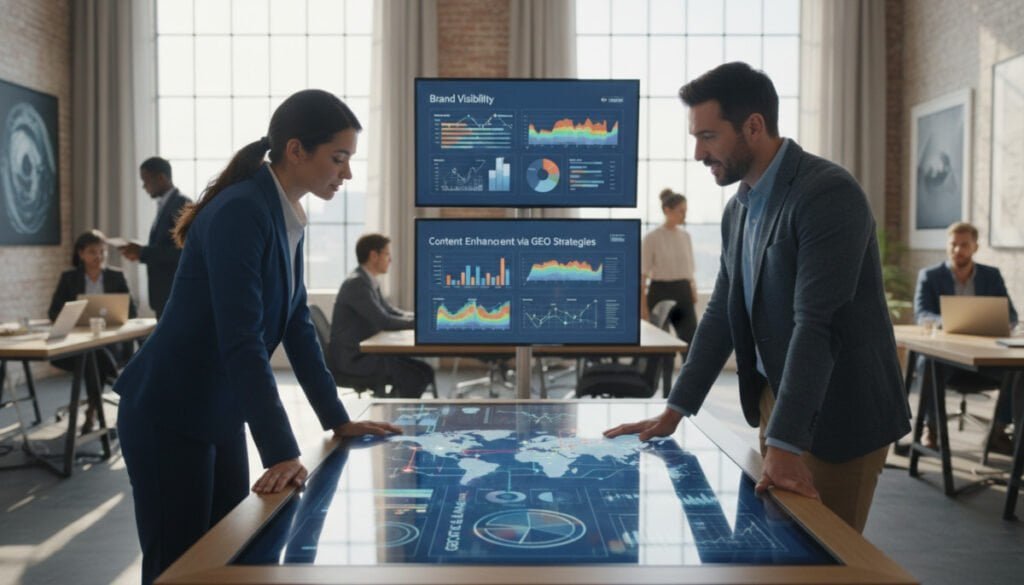 A modern office environment showcasing a diverse group of professionals collaborating around a large touchscreen display, illustrating a map integrated with GEO tools and analytics. In the foreground, two individuals, one wearing a sleek business suit and another in smart casual attire, enthusiastically discuss the data visualizations on the screen. The middle ground features displays of charts and graphs, symbolizing brand visibility and content enhancement through GEO strategies. The background captures a bright, open workspace with large windows letting in natural light, reflecting a vibrant, innovative atmosphere. The scene has a balanced, professional mood with a focus on teamwork and technology integration, framed from a slightly elevated angle for depth. A modern office environment showcasing a diverse group of professionals collaborating around a large touchscreen display, illustrating a map integrated with GEO tools and analytics. In the foreground, two individuals, one wearing a sleek business suit and another in smart casual attire, enthusiastically discuss the data visualizations on the screen. The middle ground features displays of charts and graphs, symbolizing brand visibility and content enhancement through GEO strategies. The background captures a bright, open workspace with large windows letting in natural light, reflecting a vibrant, innovative atmosphere. The scene has a balanced, professional mood with a focus on teamwork and technology integration, framed from a slightly elevated angle for depth.