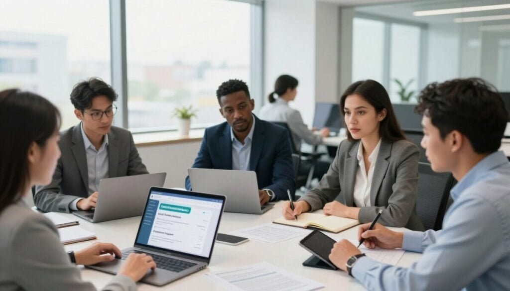 A modern office environment showcasing a diverse group of professionals engaged in a collaborative discussion about field service management software. In the foreground, a round table with laptops, tablets, and documents, depicting criteria like “User-Friendly Interface,” “Mobile Compatibility,” and “Customer Support.” The middle ground features professionals in business attire, including men and women of various ethnicities, deeply focused and taking notes. The background shows a large window with natural light streaming in, illuminating the space and creating an inviting atmosphere. Use a wide-angle lens to capture the interaction, with soft lighting to enhance professionalism, evoking a sense of teamwork and strategic planning in a vibrant corporate setting. A modern office environment showcasing a diverse group of professionals engaged in a collaborative discussion about field service management software. In the foreground, a round table with laptops, tablets, and documents, depicting criteria like “User-Friendly Interface,” “Mobile Compatibility,” and “Customer Support.” The middle ground features professionals in business attire, including men and women of various ethnicities, deeply focused and taking notes. The background shows a large window with natural light streaming in, illuminating the space and creating an inviting atmosphere. Use a wide-angle lens to capture the interaction, with soft lighting to enhance professionalism, evoking a sense of teamwork and strategic planning in a vibrant corporate setting.