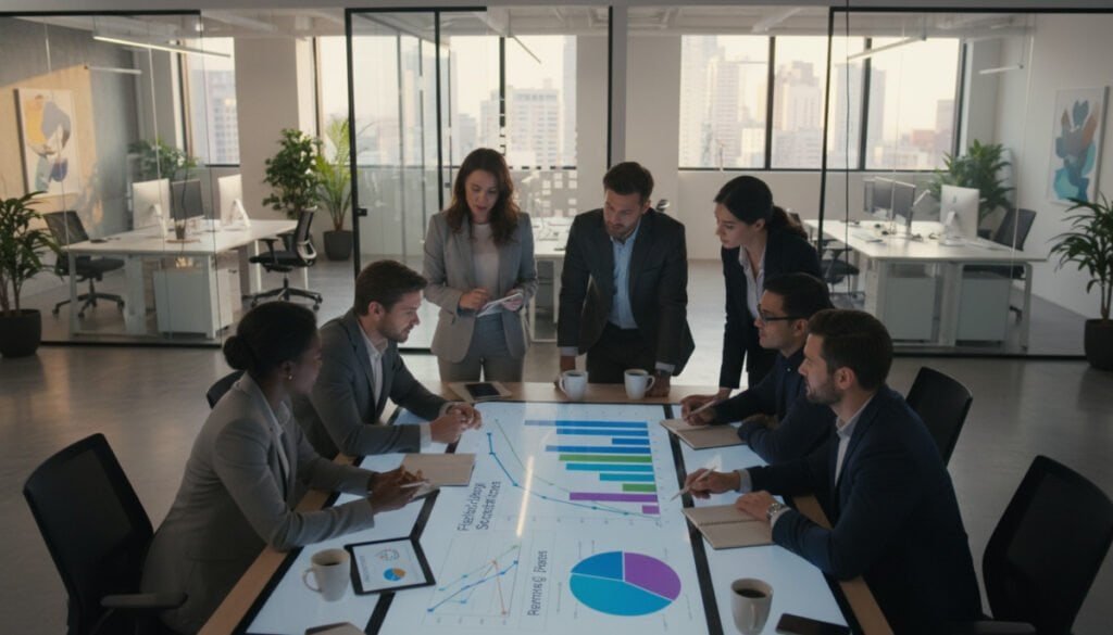 A modern office environment showcasing a diverse group of professionals engaged in a lively discussion around a large, interactive digital display. In the foreground, a businesswoman and a businessman in professional attire analyze various colorful graphs and charts that represent flexible pricing options and revenue growth strategies. In the middle, a consultation table features a tablet displaying dynamic pricing plans, alongside notes and coffee cups, symbolizing collaboration. The background includes sleek office furniture, glass partitions, and large windows letting in natural light, creating an inviting atmosphere. The overall mood is one of innovation and teamwork, highlighted by warm lighting that enhances the sense of productivity. The image should be captured from a slightly elevated angle, providing a clear view of the engaged professionals and their discussion on strategies.