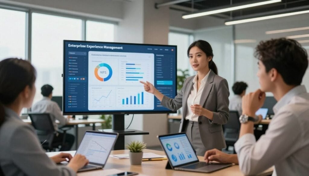 A modern office environment showcasing a diverse group of professionals engaged in strategic discussions about experience management solutions. In the foreground, a confident woman in professional attire gestures towards a digital dashboard displaying NPS survey metrics, while a thoughtful man analyzes data on a tablet. The middle ground features a large screen with visually appealing graphs and infographics, highlighting key statistics. The background reveals sleek office decor, with large windows allowing natural light to flood the space, creating an uplifting atmosphere. Soft, warm lighting enhances a collaborative mood, emphasizing teamwork and innovative thinking. The scene captures a sense of professionalism and focus, ideal for illustrating enterprise experience management.