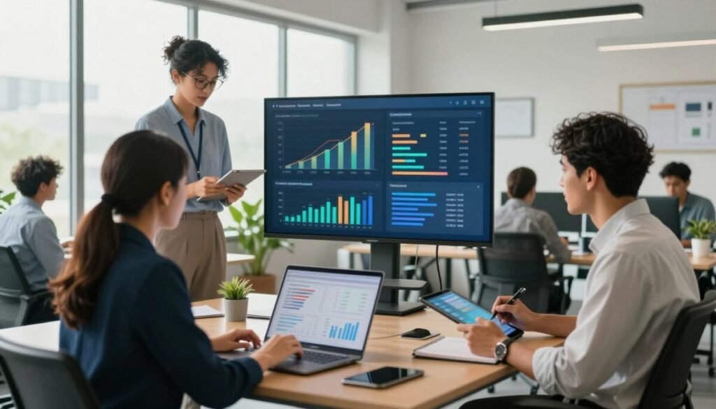 A modern office environment showcasing a diverse team of professionals collaborating to improve operational efficiency in ecommerce CRM. In the foreground, a woman in business attire analyzes data on a sleek laptop, while a man beside her takes notes on a tablet. In the middle, a large screen displays dynamic graphs and metrics related to customer retention and sales performance. The background features bright, ample natural light streaming through large windows, creating a vibrant atmosphere with plants and modern decor. Use a wide-angle lens to capture the teamwork and energy of the scene. The overall mood should be focused and productive, with a sense of innovation and collaboration in the air. A modern office environment showcasing a diverse team of professionals collaborating to improve operational efficiency in ecommerce CRM. In the foreground, a woman in business attire analyzes data on a sleek laptop, while a man beside her takes notes on a tablet. In the middle, a large screen displays dynamic graphs and metrics related to customer retention and sales performance. The background features bright, ample natural light streaming through large windows, creating a vibrant atmosphere with plants and modern decor. Use a wide-angle lens to capture the teamwork and energy of the scene. The overall mood should be focused and productive, with a sense of innovation and collaboration in the air.