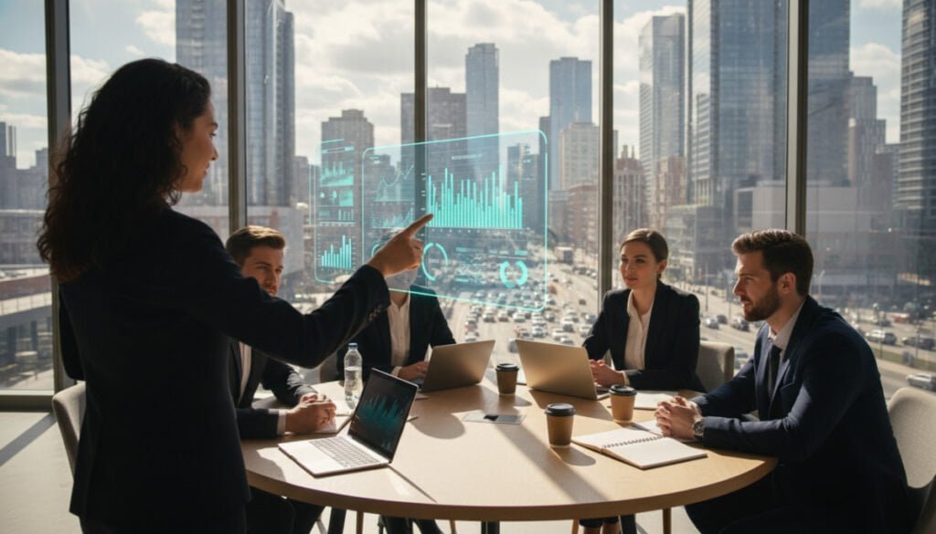 A modern office environment showcasing a group of diverse professionals in business attire collaboratively discussing SaaS pricing strategies. In the foreground, a female business analyst points at a digital dashboard displaying dynamic graphs and metrics related to pricing models. The middle layer features a round table cluttered with laptops, notepads, and cups of coffee, while a large window in the background reveals a bustling cityscape. Soft, natural lighting filters through the window, casting a warm glow on the scene. The atmosphere is one of focus, innovation, and teamwork, perfectly encapsulating success stories in SaaS pricing. The image should be bright and engaging, shot with a wide-angle lens to emphasize the collaborative spirit.
