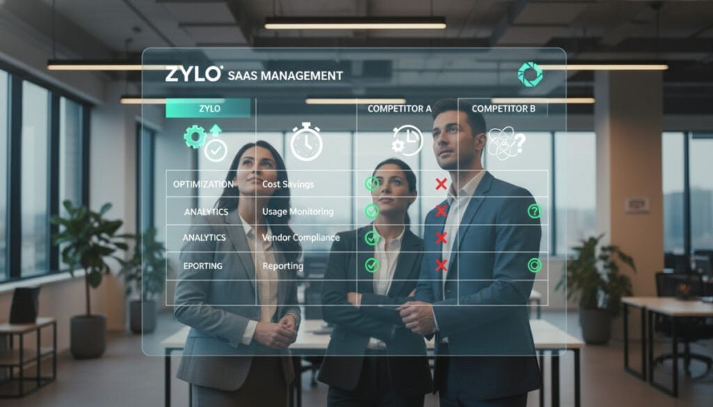A modern office environment showcasing a high-tech digital comparison display on a large screen. In the foreground, a diverse group of three professionals, one male and two female, dressed in smart business attire, are attentively analyzing the data. Their expressions show a mix of concentration and insight. In the middle ground, a sleek digital interface is projected, comparing Zylo SaaS Management's features with those of two competitor brands, featuring striking graphics and icons symbolizing optimization, efficiency, and analytics. The background consists of a contemporary office with soft, ambient lighting that creates a focused and professional atmosphere. The overall mood is collaborative and innovative, emphasizing the importance of informed decision-making in software management. Use a wide-angle lens to capture the full dynamic of the scene. A modern office environment showcasing a high-tech digital comparison display on a large screen. In the foreground, a diverse group of three professionals, one male and two female, dressed in smart business attire, are attentively analyzing the data. Their expressions show a mix of concentration and insight. In the middle ground, a sleek digital interface is projected, comparing Zylo SaaS Management's features with those of two competitor brands, featuring striking graphics and icons symbolizing optimization, efficiency, and analytics. The background consists of a contemporary office with soft, ambient lighting that creates a focused and professional atmosphere. The overall mood is collaborative and innovative, emphasizing the importance of informed decision-making in software management. Use a wide-angle lens to capture the full dynamic of the scene.