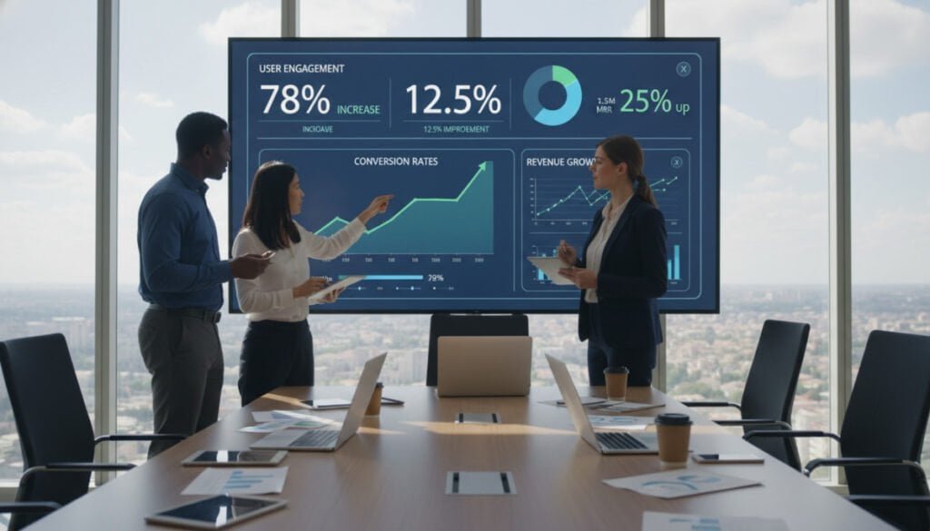 A modern office environment showcasing a large digital dashboard displaying various SaaS metrics such as user engagement, conversion rates, and revenue growth. In the foreground, a diverse group of three professionals in business attire, engaged in a collaborative discussion, pointing at graphs and data visualizations on the screen. The middle ground features a sleek conference table with laptops and analytics reports spread out. In the background, large windows allow natural light to flood in, illuminating a cityscape view. Soft blue and green tones dominate the color palette, conveying a sense of innovation and success. The atmosphere is dynamic and focused, emphasizing teamwork and insight-driven decision-making. The scene is captured from a slightly elevated angle to highlight the dashboard's details and the professionals' expressions. A modern office environment showcasing a large digital dashboard displaying various SaaS metrics such as user engagement, conversion rates, and revenue growth. In the foreground, a diverse group of three professionals in business attire, engaged in a collaborative discussion, pointing at graphs and data visualizations on the screen. The middle ground features a sleek conference table with laptops and analytics reports spread out. In the background, large windows allow natural light to flood in, illuminating a cityscape view. Soft blue and green tones dominate the color palette, conveying a sense of innovation and success. The atmosphere is dynamic and focused, emphasizing teamwork and insight-driven decision-making. The scene is captured from a slightly elevated angle to highlight the dashboard's details and the professionals' expressions.