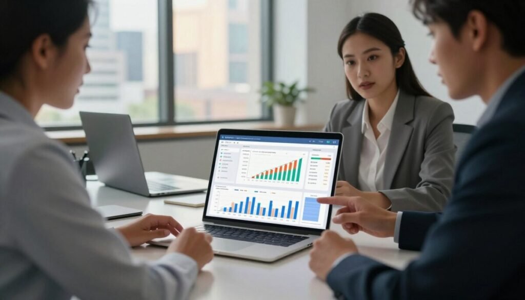 A modern office environment showcasing a sleek, clutter-free desk with a laptop displaying a vibrant, interactive cash flow forecasting dashboard. In the foreground, a diverse group of three professionals in smart business attire—two women and one man—are engaged in a discussion while analyzing real-time data displayed on the screen. The middle emphasizes a close-up of the laptop, filled with colorful graphs and financial metrics, glowing softly under warm ambient lighting. In the background, large windows reveal a cityscape bathed in daylight, creating an open and dynamic atmosphere. The mood is focused and collaborative, capturing the essence of leveraging technology for financial accuracy in small business cash flow management. A modern office environment showcasing a sleek, clutter-free desk with a laptop displaying a vibrant, interactive cash flow forecasting dashboard. In the foreground, a diverse group of three professionals in smart business attire—two women and one man—are engaged in a discussion while analyzing real-time data displayed on the screen. The middle emphasizes a close-up of the laptop, filled with colorful graphs and financial metrics, glowing softly under warm ambient lighting. In the background, large windows reveal a cityscape bathed in daylight, creating an open and dynamic atmosphere. The mood is focused and collaborative, capturing the essence of leveraging technology for financial accuracy in small business cash flow management.