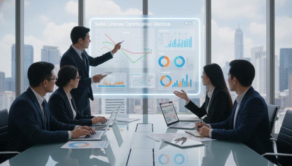 A modern office environment showcasing a team of diverse professionals in business attire engaged in a strategic meeting over a large digital display. The foreground features a diverse group of four individuals; one is pointing at a graph showing SaaS license optimization metrics, while others are taking notes and discussing. The middle layer includes a sleek conference table with laptops and charts, and an interactive screen displaying colorful graphs and analytics. The background features glass windows with a cityscape view, allowing natural light to illuminate the room, creating an atmosphere of collaboration and innovation. The image conveys a sense of focus and teamwork, emphasizing the importance of strategic planning in software license optimization. A modern office environment showcasing a team of diverse professionals in business attire engaged in a strategic meeting over a large digital display. The foreground features a diverse group of four individuals; one is pointing at a graph showing SaaS license optimization metrics, while others are taking notes and discussing. The middle layer includes a sleek conference table with laptops and charts, and an interactive screen displaying colorful graphs and analytics. The background features glass windows with a cityscape view, allowing natural light to illuminate the room, creating an atmosphere of collaboration and innovation. The image conveys a sense of focus and teamwork, emphasizing the importance of strategic planning in software license optimization.