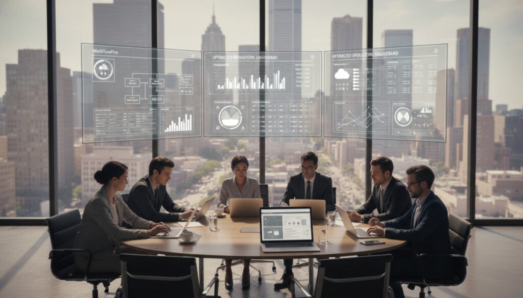 A modern office environment showcasing business efficiency through SaaS solutions. In the foreground, a diverse group of professionals in business attire collaborate around a sleek conference table, focused on digital devices displaying cloud-based applications. In the middle, large screens highlight streamlined workflows and data analytics, emphasizing productivity. The background features floor-to-ceiling windows revealing a bustling cityscape, symbolizing growth and innovation. Soft, natural lighting creates a bright and inviting atmosphere, with shadows adding depth. The composition is captured from a slightly elevated angle, offering a dynamic view of the teamwork in action, emphasizing the transition from traditional software to advanced SaaS solutions. A modern office environment showcasing business efficiency through SaaS solutions. In the foreground, a diverse group of professionals in business attire collaborate around a sleek conference table, focused on digital devices displaying cloud-based applications. In the middle, large screens highlight streamlined workflows and data analytics, emphasizing productivity. The background features floor-to-ceiling windows revealing a bustling cityscape, symbolizing growth and innovation. Soft, natural lighting creates a bright and inviting atmosphere, with shadows adding depth. The composition is captured from a slightly elevated angle, offering a dynamic view of the teamwork in action, emphasizing the transition from traditional software to advanced SaaS solutions.