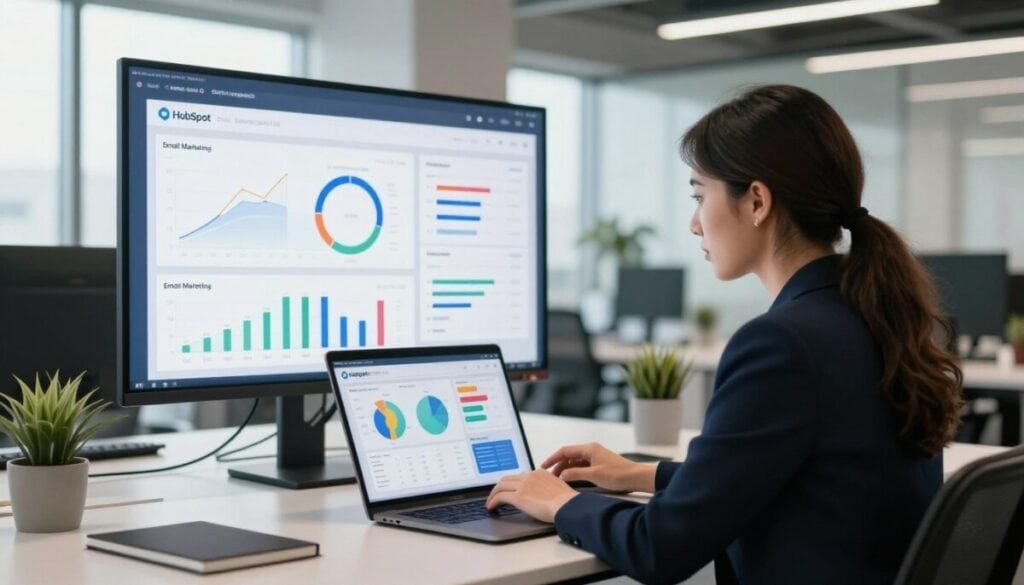 A modern office environment showcasing deep engagement metrics in email marketing. In the foreground, a professional woman in smart business attire, intently analyzing colorful charts and graphs displayed on her laptop screen. The middle ground features a large digital screen with dynamic visualizations of HubSpot email engagement metrics—open rates, click-through rates, and audience demographics. In the background, a sleek and modern office with minimalist decor and soft natural lighting streaming in from large windows, creating a vibrant yet focused atmosphere. The scene conveys a sense of productivity and insight, highlighting a data-driven approach to engagement in a collaborative workspace.
