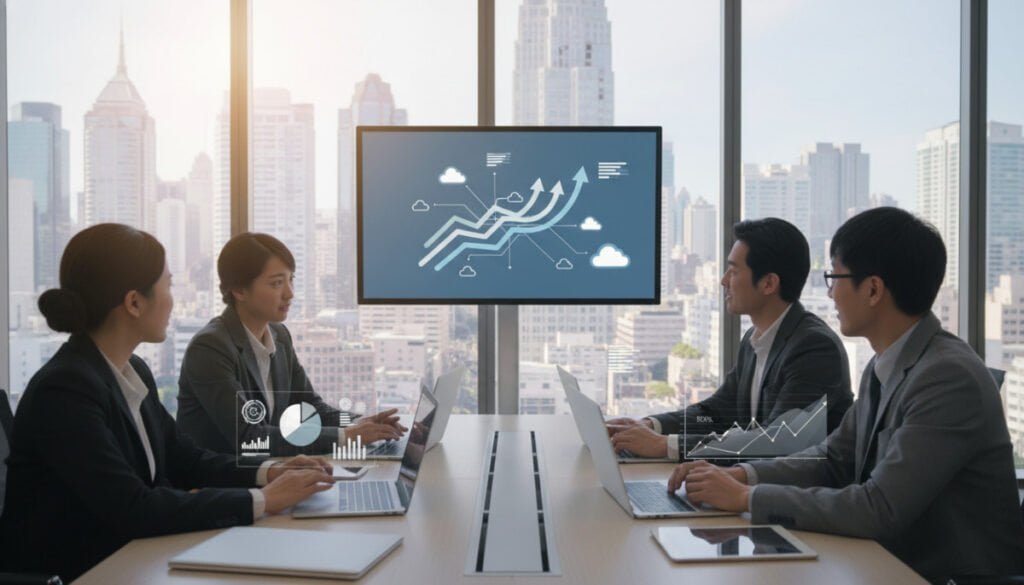 A modern office environment showcasing the benefits of SaaS for cost efficiency and scalability. In the foreground, a diverse group of professionals in business attire are engaged in a collaborative meeting around a sleek conference table, with laptops and digital devices displaying graphs and data analytics. In the middle, a large screen on the wall visualizes upward growth charts and cloud symbols, symbolizing scalability. The background features a panoramic view of a bustling city skyline through large windows, representing the global reach of SaaS solutions. Soft, natural lighting filters in, creating a warm and inspiring atmosphere that highlights innovation and teamwork. The overall mood is productive and forward-thinking, emphasizing the transformative impact of technology in business. A modern office environment showcasing the benefits of SaaS for cost efficiency and scalability. In the foreground, a diverse group of professionals in business attire are engaged in a collaborative meeting around a sleek conference table, with laptops and digital devices displaying graphs and data analytics. In the middle, a large screen on the wall visualizes upward growth charts and cloud symbols, symbolizing scalability. The background features a panoramic view of a bustling city skyline through large windows, representing the global reach of SaaS solutions. Soft, natural lighting filters in, creating a warm and inspiring atmosphere that highlights innovation and teamwork. The overall mood is productive and forward-thinking, emphasizing the transformative impact of technology in business.