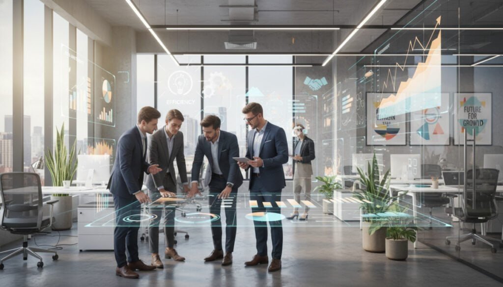 A modern office environment showcasing the benefits of optimized SaaS usage. In the foreground, a diverse group of professionals in business attire is engaged in collaborative discussions around digital devices displaying data analytics dashboards. The middle layer features vibrant graphs and charts illustrating improved results, with floating icons representing efficiency, teamwork, and innovation. In the background, large windows allow natural light to flood the space, highlighting a sleek, high-tech atmosphere with plants and motivational artwork. The scene conveys a sense of productivity and collaboration, with a warm color palette and soft lighting creating an inviting yet professional mood. The angle captures a dynamic perspective that emphasizes teamwork and forward-thinking solutions. A modern office environment showcasing the benefits of optimized SaaS usage. In the foreground, a diverse group of professionals in business attire is engaged in collaborative discussions around digital devices displaying data analytics dashboards. The middle layer features vibrant graphs and charts illustrating improved results, with floating icons representing efficiency, teamwork, and innovation. In the background, large windows allow natural light to flood the space, highlighting a sleek, high-tech atmosphere with plants and motivational artwork. The scene conveys a sense of productivity and collaboration, with a warm color palette and soft lighting creating an inviting yet professional mood. The angle captures a dynamic perspective that emphasizes teamwork and forward-thinking solutions.
