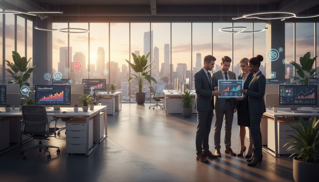 A modern office environment showcasing the concept of leveraging cloud software for business growth. In the foreground, a diverse group of professionals in formal business attire engaged in discussion around a digital tablet displaying cloud software analytics. The middle ground features an open workspace with contemporary furniture, large windows allowing natural light to flood in, and green plants for a touch of nature. The background shows a city skyline through the windows, symbolizing vast opportunities. The lighting is bright and inviting, emphasizing a productive atmosphere. The overall mood is dynamic and inspirational, illustrating innovation and collaboration in a tech-driven business landscape, with a focus on growth and efficiency. A modern office environment showcasing the concept of leveraging cloud software for business growth. In the foreground, a diverse group of professionals in formal business attire engaged in discussion around a digital tablet displaying cloud software analytics. The middle ground features an open workspace with contemporary furniture, large windows allowing natural light to flood in, and green plants for a touch of nature. The background shows a city skyline through the windows, symbolizing vast opportunities. The lighting is bright and inviting, emphasizing a productive atmosphere. The overall mood is dynamic and inspirational, illustrating innovation and collaboration in a tech-driven business landscape, with a focus on growth and efficiency.