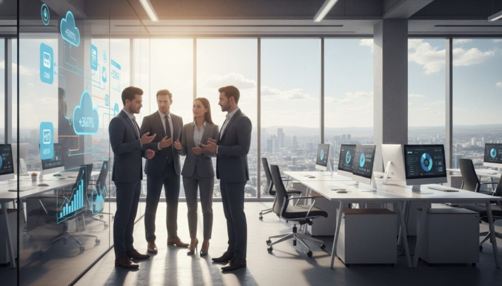 A modern office environment showcasing the scalability and integration of SaaS solutions. In the foreground, a diverse group of professionals in business attire are engaged in collaborative discussions around a digital display, visualizing interconnected cloud systems and data streams. The middle ground features sleek monitors showing graphs and metrics indicating growth and efficiency. In the background, large windows reveal a city skyline under daylight, symbolizing connectivity and expansion. The lighting is bright and inspiring, reflecting a sense of innovation and technological advancement. The angle captures the dynamics of teamwork, emphasizing the integration of technology in today's business landscape, creating a vibrant and uplifting atmosphere. A modern office environment showcasing the scalability and integration of SaaS solutions. In the foreground, a diverse group of professionals in business attire are engaged in collaborative discussions around a digital display, visualizing interconnected cloud systems and data streams. The middle ground features sleek monitors showing graphs and metrics indicating growth and efficiency. In the background, large windows reveal a city skyline under daylight, symbolizing connectivity and expansion. The lighting is bright and inspiring, reflecting a sense of innovation and technological advancement. The angle captures the dynamics of teamwork, emphasizing the integration of technology in today's business landscape, creating a vibrant and uplifting atmosphere.