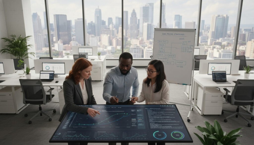 A modern office environment showcasing the technical implementation of pricing solutions for SaaS businesses. In the foreground, a diverse group of professionals—including a Caucasian woman, a Black man, and an Asian woman—are engaged in a discussion over a large digital screen displaying dynamic pricing algorithms and data analytics. In the middle, sleek desks with laptops and charts illustrate the optimization process, while a whiteboard filled with pricing strategies stands nearby. The background features large windows with city skyline views and soft, natural light illuminating the space, creating an atmosphere of innovation and collaboration. A high-angle perspective emphasizes the teamwork and modern technology in use, encapsulating a sense of forward-thinking and professionalism.