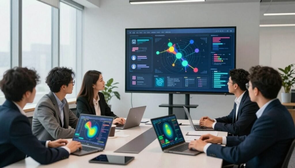 A modern office environment showcasing user behavior analysis with a focus on capturing micro interactions. In the foreground, a diverse group of professionals in business attire are engaged in discussions at a sleek conference table, analyzing colorful heatmaps displayed on laptops. The middle ground features a large digital screen displaying visual representations of user engagement and friction points, with highlighted sections showing interactions. In the background, large windows let in soft, diffused natural light, creating a bright and inviting atmosphere. The overall mood is focused yet collaborative, emphasizing team dynamics and data-driven decision-making in a tech-savvy workspace. A modern office environment showcasing user behavior analysis with a focus on capturing micro interactions. In the foreground, a diverse group of professionals in business attire are engaged in discussions at a sleek conference table, analyzing colorful heatmaps displayed on laptops. The middle ground features a large digital screen displaying visual representations of user engagement and friction points, with highlighted sections showing interactions. In the background, large windows let in soft, diffused natural light, creating a bright and inviting atmosphere. The overall mood is focused yet collaborative, emphasizing team dynamics and data-driven decision-making in a tech-savvy workspace.