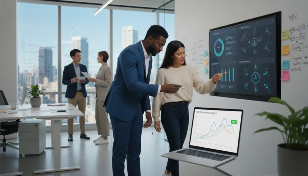 A modern office environment showing a diverse team of professionals analyzing data on digital screens and whiteboards. In the foreground, a man in business attire and a woman in smart casual clothing collaborate, pointing at a vibrant line graph on a laptop displaying SEO metrics. In the middle, a large screen visualizes various performance KPIs, with colorful charts and analytics tools reflecting teamwork and strategy iteration. In the background, large windows let in soft natural light, creating a bright and motivating atmosphere. The scene captures an energetic and focused mood, emphasizing innovation and collaboration in a tech-driven workspace. A modern office environment showing a diverse team of professionals analyzing data on digital screens and whiteboards. In the foreground, a man in business attire and a woman in smart casual clothing collaborate, pointing at a vibrant line graph on a laptop displaying SEO metrics. In the middle, a large screen visualizes various performance KPIs, with colorful charts and analytics tools reflecting teamwork and strategy iteration. In the background, large windows let in soft natural light, creating a bright and motivating atmosphere. The scene captures an energetic and focused mood, emphasizing innovation and collaboration in a tech-driven workspace.