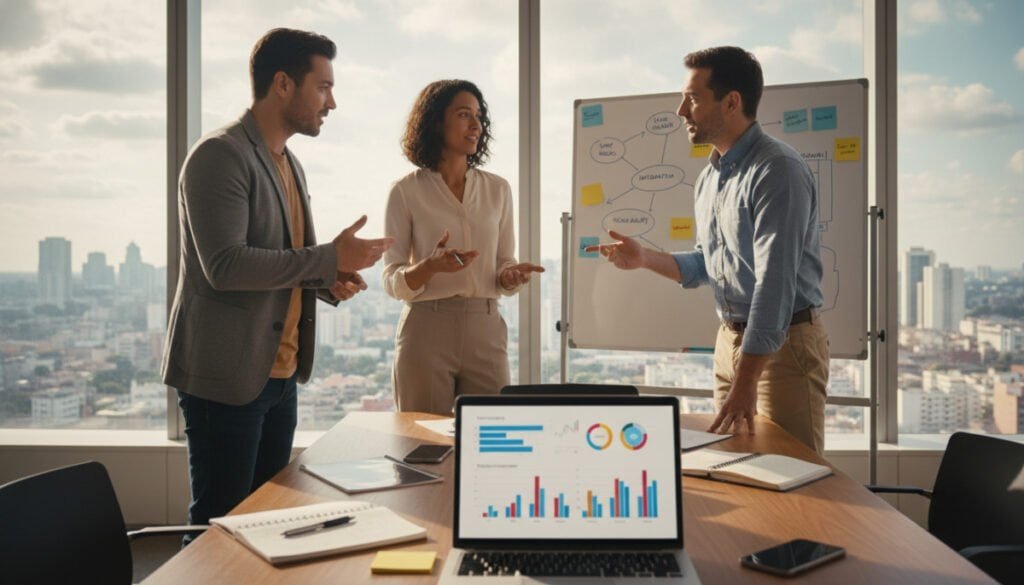 A modern office environment with a diverse group of three professionals, two men and one woman, engaged in a dynamic discussion around a large table. The foreground features a laptop displaying graphs and charts related to SaaS metrics, along with notepads and pens. In the middle ground, a whiteboard with strategic mapping and sticky notes illustrating various business needs for SaaS adoption. The background showcases large windows with natural light pouring in, cityscape visible outside. The scene conveys a mood of collaboration and innovation, with soft, diffused lighting to enhance focus on the professionals. The attire of the individuals is smart casual, reflecting a professional yet approachable atmosphere.