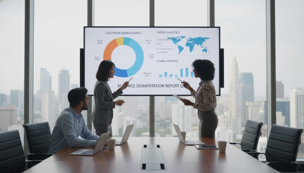 A modern office environment with a large digital screen displaying audience segmentation data, such as pie charts, demographics, and target analytics. In the foreground, a diverse group of three professionals in smart business attire—two women and one man—are engaged in a collaborative discussion, pointing to the data on the screen, emphasizing teamwork and strategy. The middle ground features a sleek conference table with laptops and digital devices, conveying a high-tech atmosphere. The background includes glass walls with city views, bathed in natural daylight, creating an energetic and optimistic mood. Use a wide-angle perspective with soft, diffused lighting to enhance the professional ambiance while keeping the focus on audience targeting and segmentation visuals.