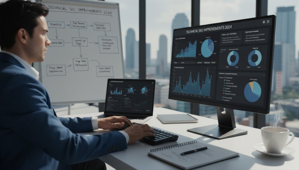 A modern office environment with a sleek desk setup in the foreground, featuring a high-resolution monitor displaying graphical SEO analytics, performance metrics, and website optimization strategies. A focused professional in business attire is seated, typing intently, surrounded by digital tools like a laptop, notepad, and coffee cup. In the middle ground, there's a whiteboard filled with strategic SEO notes and flowcharts, symbolizing technical SEO improvements. The background showcases large windows with a city skyline, bathed in soft, natural daylight that casts gentle shadows. The scene conveys a productive and goal-oriented atmosphere, emphasizing innovation and success in optimizing site performance for 2024. Use a slightly shallow depth of field to emphasize the foreground elements while softly blurring the background. A modern office environment with a sleek desk setup in the foreground, featuring a high-resolution monitor displaying graphical SEO analytics, performance metrics, and website optimization strategies. A focused professional in business attire is seated, typing intently, surrounded by digital tools like a laptop, notepad, and coffee cup. In the middle ground, there's a whiteboard filled with strategic SEO notes and flowcharts, symbolizing technical SEO improvements. The background showcases large windows with a city skyline, bathed in soft, natural daylight that casts gentle shadows. The scene conveys a productive and goal-oriented atmosphere, emphasizing innovation and success in optimizing site performance for 2024. Use a slightly shallow depth of field to emphasize the foreground elements while softly blurring the background.