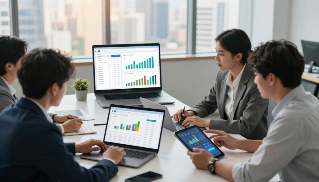A modern office environment with focused professionals integrating cash flow forecasting tools with an accounting system. In the foreground, a diverse group of three businesspeople—two men and one woman—are engaged in discussion around a sleek conference table, analyzing financial graphs displayed on a laptop and digital tablet. The middle layer features an open laptop displaying cash flow forecasting charts alongside accounting software, with colorful graphs and spreadsheets. In the background, large windows fill the room with warm natural light, showing a city skyline. The overall atmosphere is one of collaboration and innovation, with a sense of clarity and productivity. The image is captured with a slight bird's-eye view angle, emphasizing teamwork and technological integration. A modern office environment with focused professionals integrating cash flow forecasting tools with an accounting system. In the foreground, a diverse group of three businesspeople—two men and one woman—are engaged in discussion around a sleek conference table, analyzing financial graphs displayed on a laptop and digital tablet. The middle layer features an open laptop displaying cash flow forecasting charts alongside accounting software, with colorful graphs and spreadsheets. In the background, large windows fill the room with warm natural light, showing a city skyline. The overall atmosphere is one of collaboration and innovation, with a sense of clarity and productivity. The image is captured with a slight bird's-eye view angle, emphasizing teamwork and technological integration.