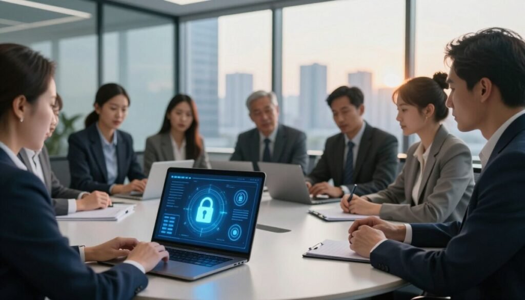 A modern office meeting room, focused on a circular table with advanced technology. In the foreground, a laptop displays a secure file encryption system, with glowing icons representing data security and compliance. In the middle, a diverse group of professionals in business attire are seated, discussing around the table, with expressions of concentration and collaboration. Their faces reflect the importance of protecting sensitive information. The background features a glass wall showcasing a city skyline, bathed in warm afternoon light, creating a professional yet inviting atmosphere. Soft shadows enhance the scene, while a subtle blue hue emphasizes security and trust. The overall mood conveys diligence and the significance of safeguarding meeting data. A modern office meeting room, focused on a circular table with advanced technology. In the foreground, a laptop displays a secure file encryption system, with glowing icons representing data security and compliance. In the middle, a diverse group of professionals in business attire are seated, discussing around the table, with expressions of concentration and collaboration. Their faces reflect the importance of protecting sensitive information. The background features a glass wall showcasing a city skyline, bathed in warm afternoon light, creating a professional yet inviting atmosphere. Soft shadows enhance the scene, while a subtle blue hue emphasizes security and trust. The overall mood conveys diligence and the significance of safeguarding meeting data.