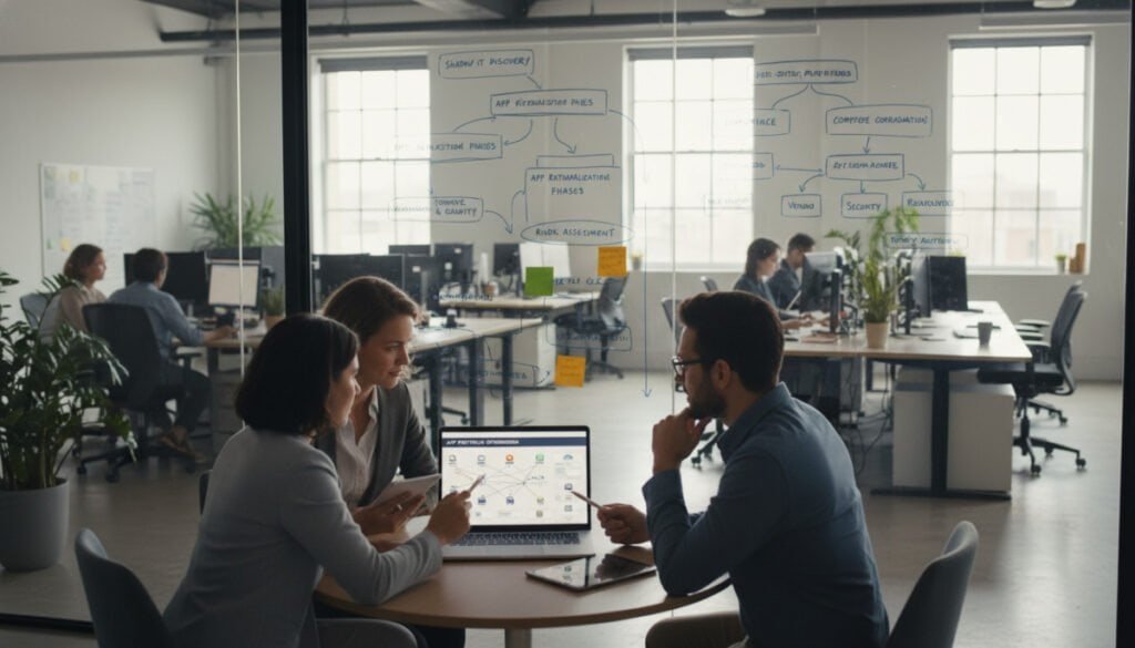 A modern office scene illustrating the concept of "Tackling Shadow IT and Streamlining Application Rationalization." In the foreground, a diverse group of three professional individuals in business attire are engaged in a collaborative discussion over a laptop, showcasing charts and applications on the screen. In the middle ground, a whiteboard filled with diagrams and sticky notes outlines strategies for application rationalization and IT compliance. The background features a bright, open workspace with large windows allowing natural light to pour in, creating an uplifting and focused atmosphere. Soft shadows emphasize the depth and detail of the space, with a warm color palette that conveys a sense of collaboration and innovation, using a slightly elevated angle for an engaging perspective. A modern office scene illustrating the concept of "Tackling Shadow IT and Streamlining Application Rationalization." In the foreground, a diverse group of three professional individuals in business attire are engaged in a collaborative discussion over a laptop, showcasing charts and applications on the screen. In the middle ground, a whiteboard filled with diagrams and sticky notes outlines strategies for application rationalization and IT compliance. The background features a bright, open workspace with large windows allowing natural light to pour in, creating an uplifting and focused atmosphere. Soft shadows emphasize the depth and detail of the space, with a warm color palette that conveys a sense of collaboration and innovation, using a slightly elevated angle for an engaging perspective.