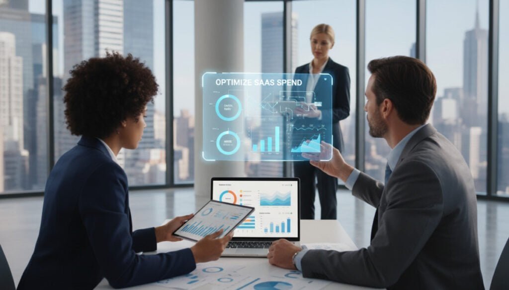 A modern office scene showcasing a diverse group of three professionals in business attire engaged in a dynamic brainstorming session over data insights displayed on their laptops and digital tablets. In the foreground, a woman analyzing graphs and charts, while a man gestures towards a projected holographic display of data trends. In the middle, an open laptop with vibrant visuals of SaaS metrics and infographics. The background features a sleek, glass-walled office with city views, creating a bright, airy atmosphere. Soft, natural lighting filters in from large windows, enhancing the professional ambiance. The overall mood conveys collaboration, innovation, and strategic decision-making, reflecting the theme of optimizing SaaS spend through insightful data analysis. A modern office scene showcasing a diverse group of three professionals in business attire engaged in a dynamic brainstorming session over data insights displayed on their laptops and digital tablets. In the foreground, a woman analyzing graphs and charts, while a man gestures towards a projected holographic display of data trends. In the middle, an open laptop with vibrant visuals of SaaS metrics and infographics. The background features a sleek, glass-walled office with city views, creating a bright, airy atmosphere. Soft, natural lighting filters in from large windows, enhancing the professional ambiance. The overall mood conveys collaboration, innovation, and strategic decision-making, reflecting the theme of optimizing SaaS spend through insightful data analysis.