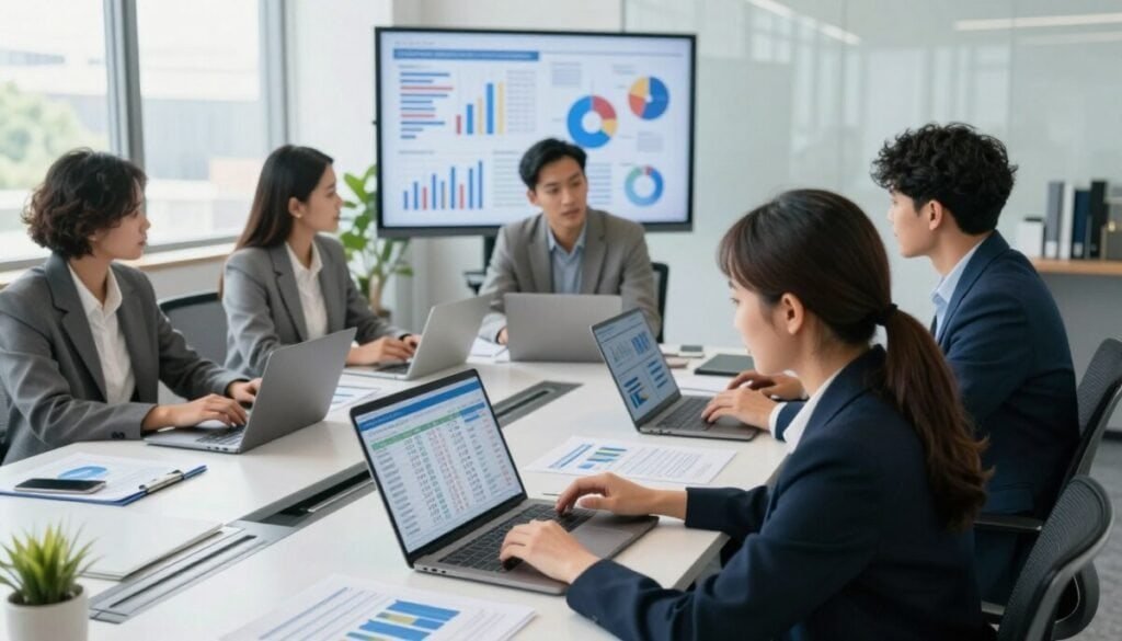 A modern office setting featuring a diverse group of professional individuals working collaboratively at a large table, analyzing graphs and charts on laptops and tablets. In the foreground, a focused woman in business attire is reviewing expense data presented on a clear digital dashboard. In the middle-ground, a diverse team, including a man in a suit and a woman in smart casual attire, discuss the integration of expense data with an accounting system, with financial documents spread out. In the background, a large screen displays animated graphs and pie charts, representing data flow. The office is well-lit with natural light filtering through large windows, creating a bright and engaging atmosphere, emphasizing teamwork and efficiency. The angle is slightly elevated, giving a comprehensive view of the collaborative environment. A modern office setting featuring a diverse group of professional individuals working collaboratively at a large table, analyzing graphs and charts on laptops and tablets. In the foreground, a focused woman in business attire is reviewing expense data presented on a clear digital dashboard. In the middle-ground, a diverse team, including a man in a suit and a woman in smart casual attire, discuss the integration of expense data with an accounting system, with financial documents spread out. In the background, a large screen displays animated graphs and pie charts, representing data flow. The office is well-lit with natural light filtering through large windows, creating a bright and engaging atmosphere, emphasizing teamwork and efficiency. The angle is slightly elevated, giving a comprehensive view of the collaborative environment.