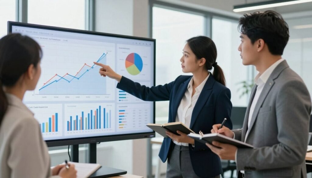 A modern office setting featuring a diverse group of professionals analyzing cash flow forecasts on a large screen. In the foreground, a woman in a smart business suit points to a colorful line graph, highlighting trend lines and predictions. Beside her, a man in a sharp blazer takes notes, a thoughtful expression on his face. In the middle, various charts and data visuals are displayed on the screen, including pie charts and cash flow statements. The background showcases a sleek office with large windows letting in natural light, providing a bright and productive atmosphere. Soft, ambient lighting enhances clarity, while a shallow depth of field focuses on the team’s engagement in this important financial analysis. The overall mood is collaborative and proactive, emphasizing the importance of understanding forecasting methods. A modern office setting featuring a diverse group of professionals analyzing cash flow forecasts on a large screen. In the foreground, a woman in a smart business suit points to a colorful line graph, highlighting trend lines and predictions. Beside her, a man in a sharp blazer takes notes, a thoughtful expression on his face. In the middle, various charts and data visuals are displayed on the screen, including pie charts and cash flow statements. The background showcases a sleek office with large windows letting in natural light, providing a bright and productive atmosphere. Soft, ambient lighting enhances clarity, while a shallow depth of field focuses on the team’s engagement in this important financial analysis. The overall mood is collaborative and proactive, emphasizing the importance of understanding forecasting methods.