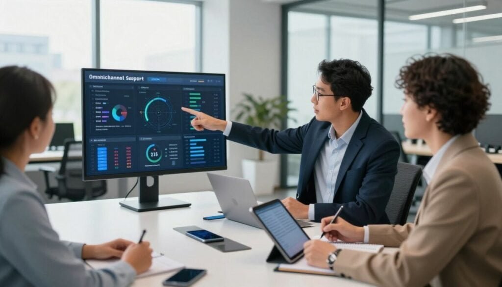 A modern office setting featuring a team of diverse professionals engaged in discussing a digital dashboard displaying omnichannel support metrics. In the foreground, a focused male analyst in a smart business suit points to a high-resolution screen while a female project manager, in business-casual attire, takes notes on a digital tablet. The middle ground showcases a sleek, minimalist conference table with various devices, such as smartphones and laptops, illustrating the concept of omnichannel communication. The background features large windows allowing natural light to stream in, creating an upbeat, collaborative atmosphere. The overall mood is focused yet dynamic, emphasizing teamwork and innovation in evaluating user feedback tools, captured with a wide-angle lens for depth and clarity. A modern office setting featuring a team of diverse professionals engaged in discussing a digital dashboard displaying omnichannel support metrics. In the foreground, a focused male analyst in a smart business suit points to a high-resolution screen while a female project manager, in business-casual attire, takes notes on a digital tablet. The middle ground showcases a sleek, minimalist conference table with various devices, such as smartphones and laptops, illustrating the concept of omnichannel communication. The background features large windows allowing natural light to stream in, creating an upbeat, collaborative atmosphere. The overall mood is focused yet dynamic, emphasizing teamwork and innovation in evaluating user feedback tools, captured with a wide-angle lens for depth and clarity.