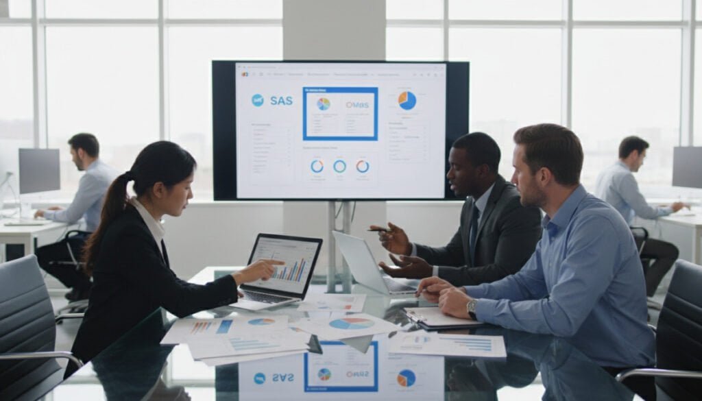 A modern office setting featuring diverse professionals evaluating and comparing leading SaaS products. In the foreground, a group of three individuals—an Asian woman, a Black man, and a Caucasian man—are gathered around a sleek, glass conference table covered with laptops, tablets, and colorful charts displaying analytics. In the middle ground, a large digital screen shows side-by-side comparisons of various SaaS platforms with user ratings and features highlighted. The background includes large windows allowing natural light to filter in, enhancing the bright and airy atmosphere of the space. The scene conveys a sense of collaboration and innovation, with a focus on technology-driven decision-making. Soft lighting emphasizes professionalism, while a wide-angle lens captures the entire vibrant environment.