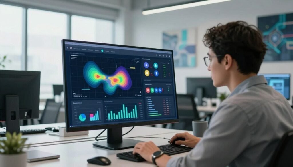 A modern office setting featuring sophisticated user analysis software displayed on a large, ultra-high-definition monitor. In the foreground, a professional business analyst is intently interacting with dynamic heatmaps and graphs, showcasing user behavior patterns and engagement metrics. The middle ground includes another large screen showing comparative data visualizations with various software icons representing alternative user analysis tools. The background features a bright, airy office environment with sleek furniture, a large window letting in natural light, and abstract technology-themed artwork on the walls. The atmosphere is focused and innovative, emphasizing professionalism and the pursuit of data-driven insights, captured with soft lighting and a slightly angled view to create depth. A modern office setting featuring sophisticated user analysis software displayed on a large, ultra-high-definition monitor. In the foreground, a professional business analyst is intently interacting with dynamic heatmaps and graphs, showcasing user behavior patterns and engagement metrics. The middle ground includes another large screen showing comparative data visualizations with various software icons representing alternative user analysis tools. The background features a bright, airy office environment with sleek furniture, a large window letting in natural light, and abstract technology-themed artwork on the walls. The atmosphere is focused and innovative, emphasizing professionalism and the pursuit of data-driven insights, captured with soft lighting and a slightly angled view to create depth.