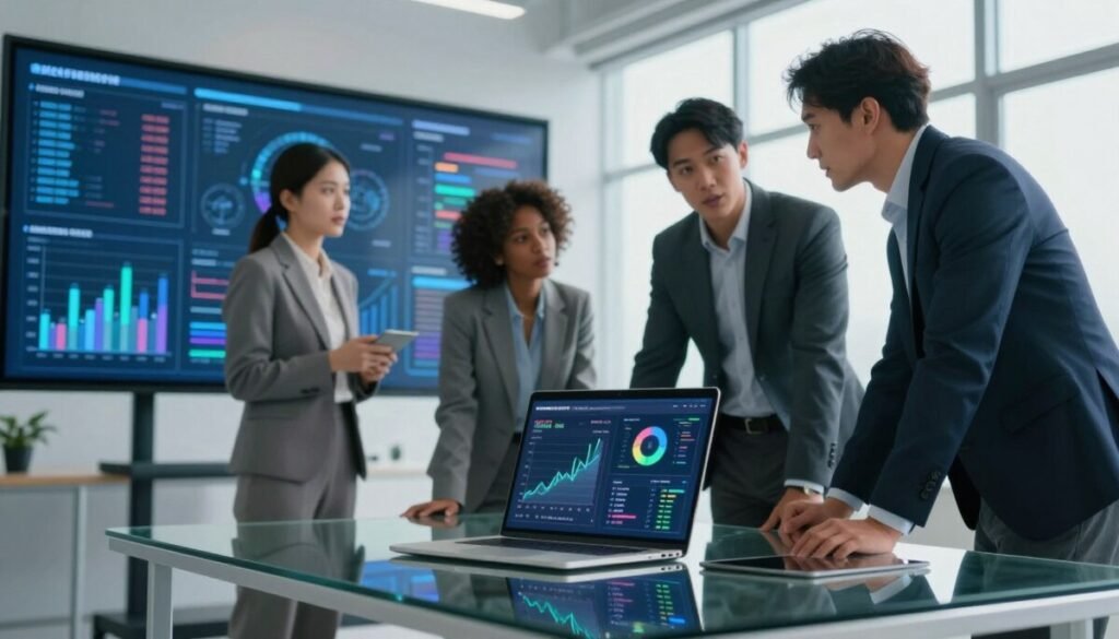 A modern office setting filled with advanced analytics visuals. In the foreground, a sleek glass desk with a futuristic laptop displaying vibrant data graphs and charts showcasing eCommerce metrics, including sales trends and customer behavior. In the middle ground, a group of three diverse professionals in smart business attire are engaged in an intense discussion, analyzing the data together. The background features a large digital screen with eye-catching infographics and predictive analytics visuals, glowing softly. Bright, natural light streams in through large windows, creating an atmosphere of innovation and collaboration. The overall mood conveys a sense of urgency and excitement about leveraging insights for business growth. A modern office setting filled with advanced analytics visuals. In the foreground, a sleek glass desk with a futuristic laptop displaying vibrant data graphs and charts showcasing eCommerce metrics, including sales trends and customer behavior. In the middle ground, a group of three diverse professionals in smart business attire are engaged in an intense discussion, analyzing the data together. The background features a large digital screen with eye-catching infographics and predictive analytics visuals, glowing softly. Bright, natural light streams in through large windows, creating an atmosphere of innovation and collaboration. The overall mood conveys a sense of urgency and excitement about leveraging insights for business growth.