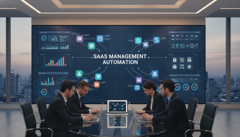 A modern office setting filled with advanced technology, showcasing the concept of SaaS management automation. In the foreground, a group of diverse professionals, all dressed in smart business attire, collaborates around a sleek conference table, examining digital dashboards on their laptops and tablets. The middle ground features large screens displaying interconnected software applications and graphs, representing seamless integration and streamlined operations. Soft, ambient lighting highlights the professionalism of the environment while maintaining a warm atmosphere. The background reveals a panoramic view of a bustling cityscape through floor-to-ceiling windows, symbolizing a dynamic business landscape. The overall mood is one of innovation, efficiency, and collaboration, perfect for illustrating the automation of software management in today’s digital age. A modern office setting filled with advanced technology, showcasing the concept of SaaS management automation. In the foreground, a group of diverse professionals, all dressed in smart business attire, collaborates around a sleek conference table, examining digital dashboards on their laptops and tablets. The middle ground features large screens displaying interconnected software applications and graphs, representing seamless integration and streamlined operations. Soft, ambient lighting highlights the professionalism of the environment while maintaining a warm atmosphere. The background reveals a panoramic view of a bustling cityscape through floor-to-ceiling windows, symbolizing a dynamic business landscape. The overall mood is one of innovation, efficiency, and collaboration, perfect for illustrating the automation of software management in today’s digital age.