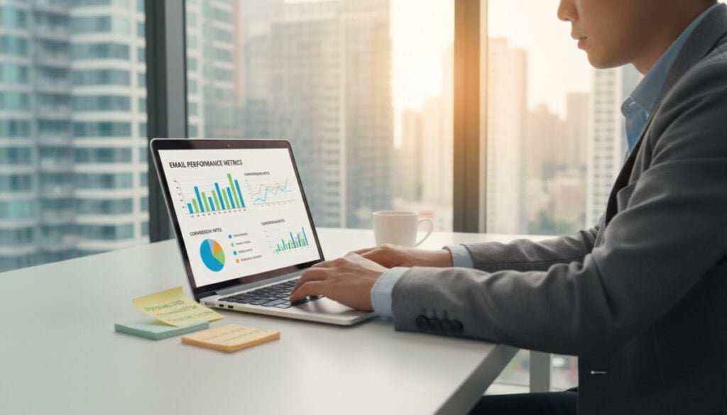 A modern office setting, focused on a sleek desk with a laptop open, displaying an email application. In the foreground, a professional-looking person in business attire types thoughtfully, surrounded by notes and a coffee cup. In the middle ground, there are colorful charts and graphs on the screen, emphasizing email performance metrics and conversion rates. The background features bright, well-lit windows with a city skyline visible, suggesting an energetic business environment. Soft, warm lighting enhances the scene, creating an inviting atmosphere. The overall mood should convey professionalism, creativity, and productivity, emphasizing the importance of personalized communication in business growth.