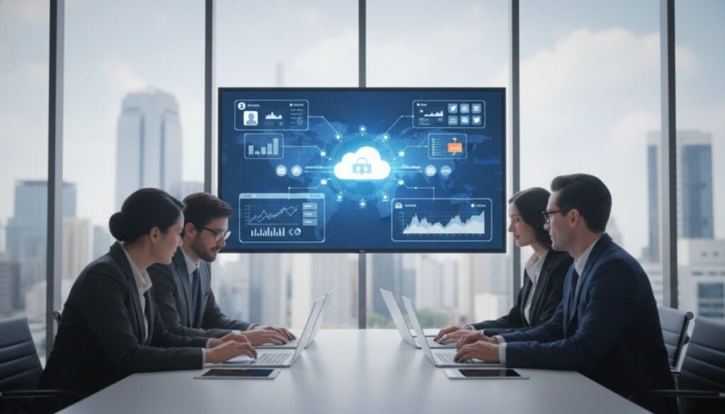 A modern office setting focused on customer relationship management powered by SaaS. In the foreground, a diverse group of three professionals, dressed in smart business attire, are collaborating around a sleek, minimalist table with laptops and tablets displaying sophisticated CRM software on their screens. The middle ground showcases a large digital interface on a wall, depicting customer data analytics, cloud connections, and interaction metrics, illuminated by soft blue and white lighting that conveys a tech-savvy environment. The background features tall glass windows that let in natural light, with a cityscape visible outside, suggesting a vibrant, forward-thinking atmosphere. The overall mood is one of innovation and teamwork, highlighting the efficiency and potential of SaaS in enhancing customer relationships.