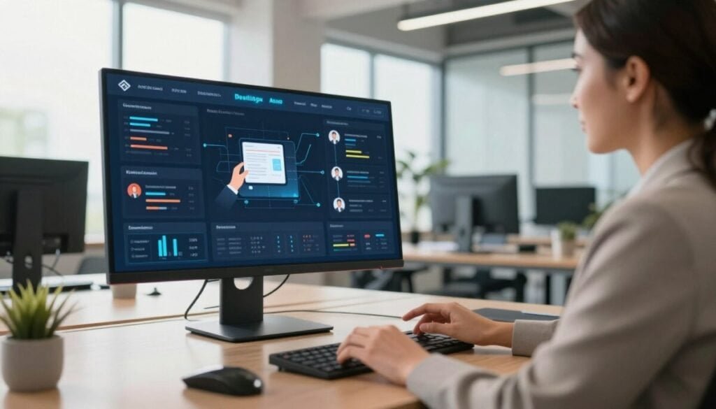 A modern office setting focused on digital adoption, featuring a professional woman in business attire interacting with an advanced AI dashboard on a sleek touchscreen. In the foreground, her hand gestures hover over interactive data visualizations, showcasing user engagement metrics and onboarding flowcharts. The middle ground includes a large monitor displaying dynamic graphs and imagery of digital platforms, emphasizing user guidance through illustrated step-by-step processes. The background consists of a bright, airy workspace with large windows allowing natural light to brighten the scene, enhancing the atmosphere of innovation and efficiency. Use a wide-angle lens perspective to capture the depth of the space, with soft lighting that creates a warm, inviting mood, symbolizing the seamless integration of technology into user experiences. A modern office setting focused on digital adoption, featuring a professional woman in business attire interacting with an advanced AI dashboard on a sleek touchscreen. In the foreground, her hand gestures hover over interactive data visualizations, showcasing user engagement metrics and onboarding flowcharts. The middle ground includes a large monitor displaying dynamic graphs and imagery of digital platforms, emphasizing user guidance through illustrated step-by-step processes. The background consists of a bright, airy workspace with large windows allowing natural light to brighten the scene, enhancing the atmosphere of innovation and efficiency. Use a wide-angle lens perspective to capture the depth of the space, with soft lighting that creates a warm, inviting mood, symbolizing the seamless integration of technology into user experiences.