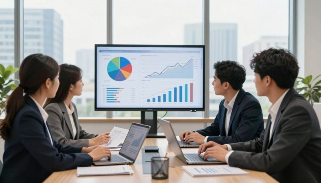 A modern office setting focused on productivity and financial forecasting. In the foreground, a diverse group of three professionals—two women and one man—dressed in smart business attire, are engaged in discussion around a sleek conference table. They are analyzing financial charts and data on laptops and a large screen displaying graphs. In the middle, various colorful pie charts and line graphs are visible, representing financial forecasts and resource allocations. The background features a large window with natural light streaming in, showcasing a city skyline. The atmosphere is collaborative and energetic, with a warm color palette that evokes focus and motivation. The image is captured with a soft focus using a wide-angle lens to enhance the depth and engagement in the scene, while ensuring a clean and professional aesthetic. A modern office setting focused on productivity and financial forecasting. In the foreground, a diverse group of three professionals—two women and one man—dressed in smart business attire, are engaged in discussion around a sleek conference table. They are analyzing financial charts and data on laptops and a large screen displaying graphs. In the middle, various colorful pie charts and line graphs are visible, representing financial forecasts and resource allocations. The background features a large window with natural light streaming in, showcasing a city skyline. The atmosphere is collaborative and energetic, with a warm color palette that evokes focus and motivation. The image is captured with a soft focus using a wide-angle lens to enhance the depth and engagement in the scene, while ensuring a clean and professional aesthetic.